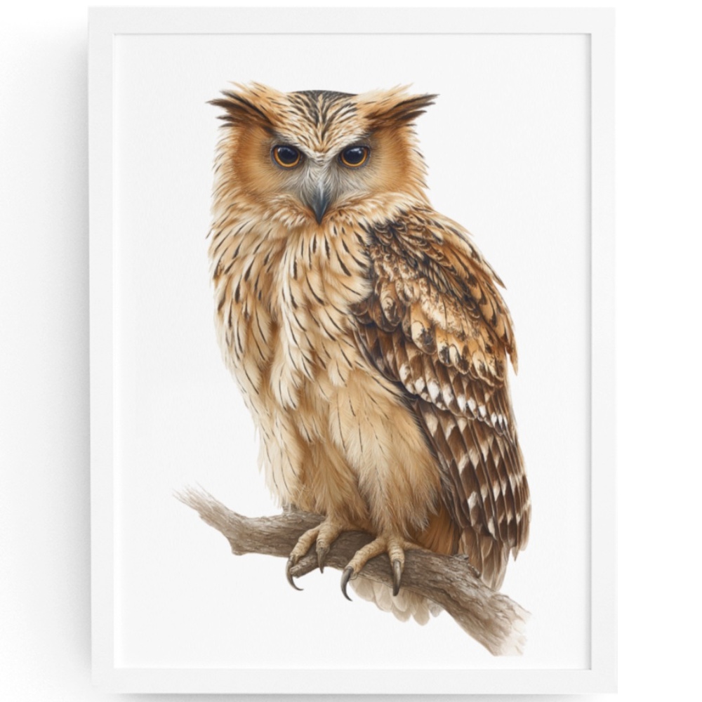 Watercolor Buffy Fish Owl Portrait Wall Art Print Poster, Unframed - Exotic